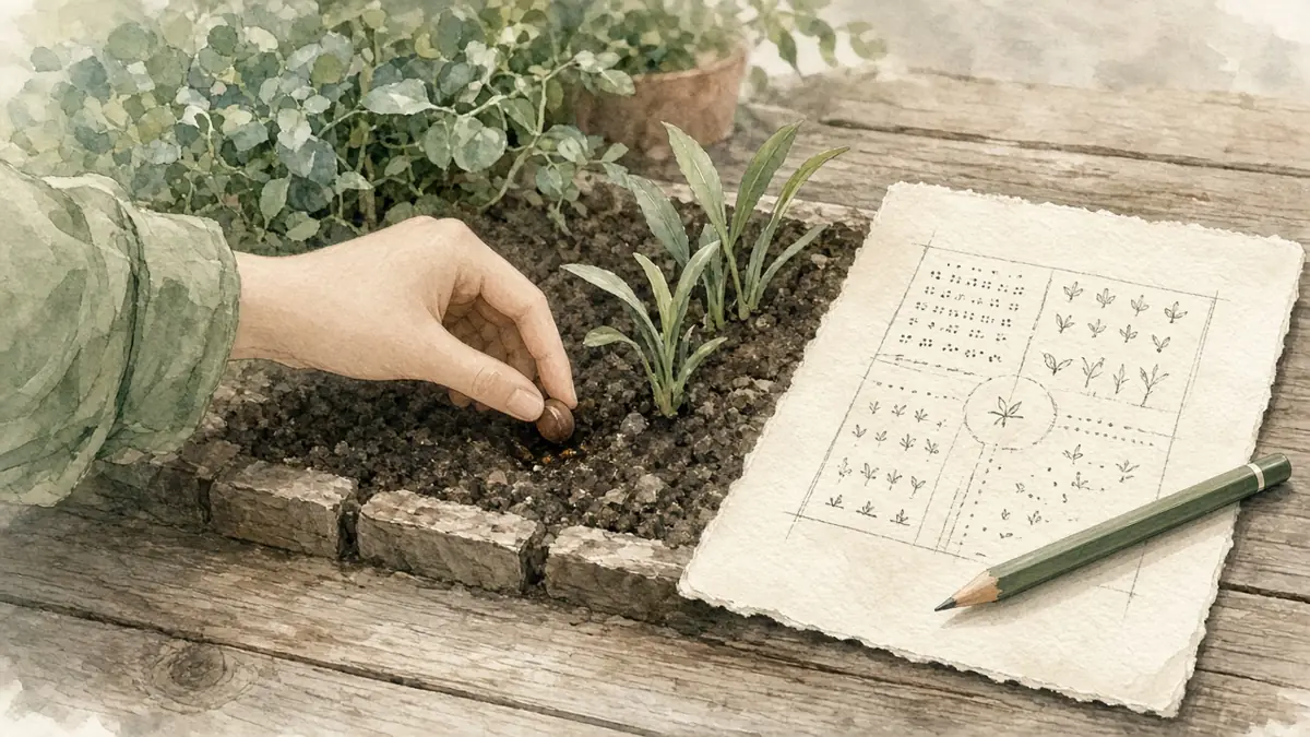 A hand planting a seed beside a written plan.