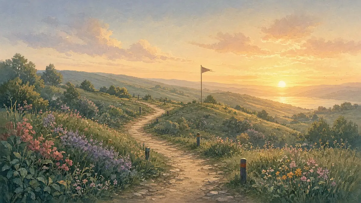 A path leading towards a sunrise horizon, with markers along the way and a flag at the end.