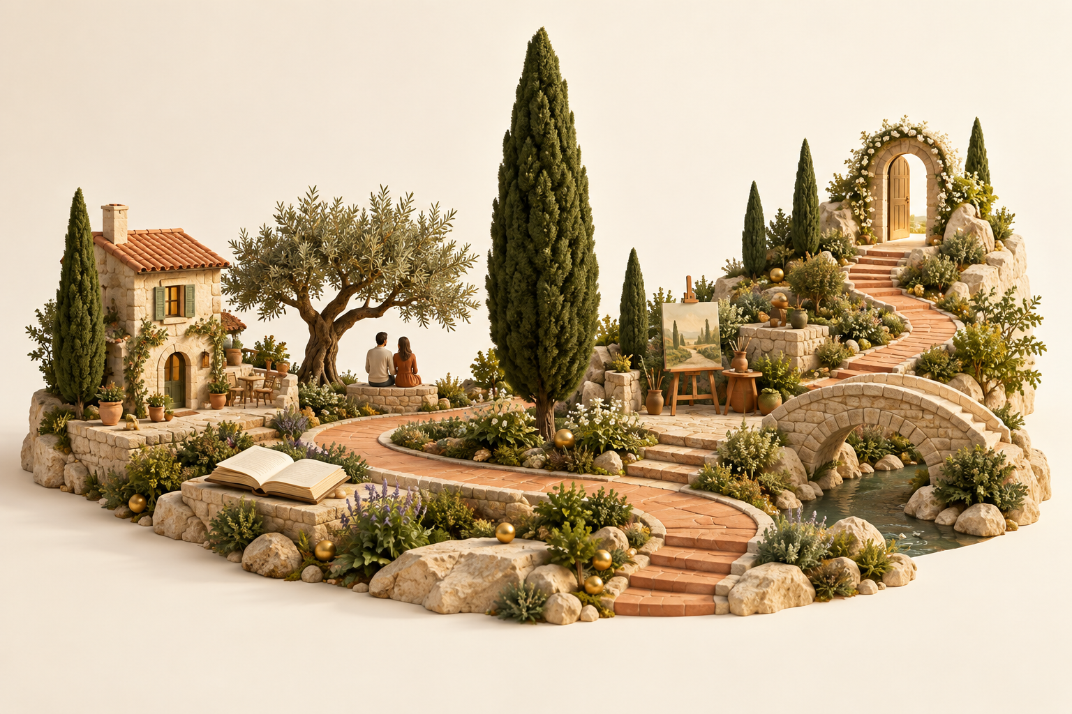 A miniature garden connecting a home, people, a book and an artist’s easel along a winding path to an open door.